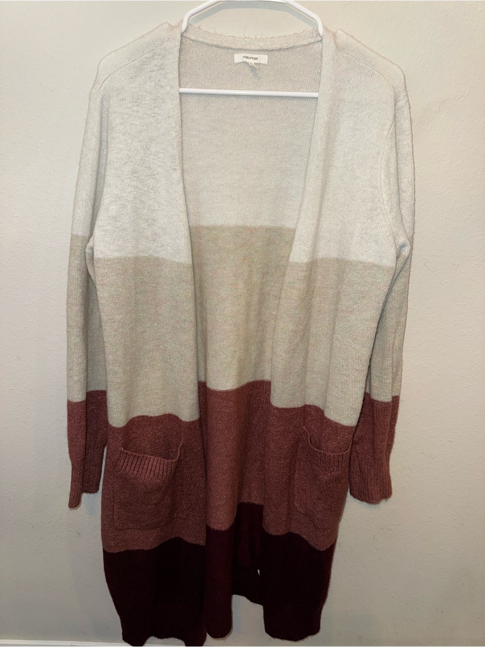 Maurices Long Open-Front Colorblock Cardigan in Cream, Tan & Rose